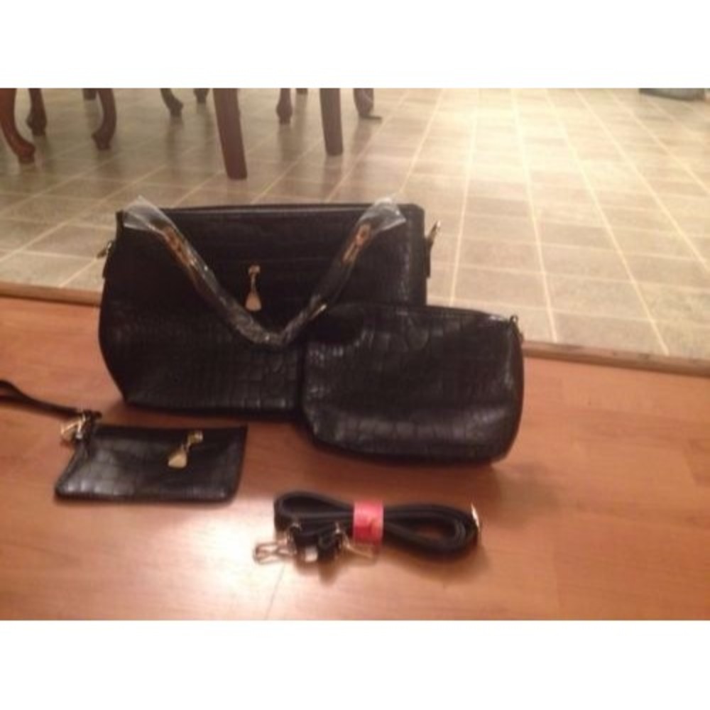 Women's 4 Piece Faux Crocodile Leather Handbag Shoulder Bag Tote Wristlet Black
